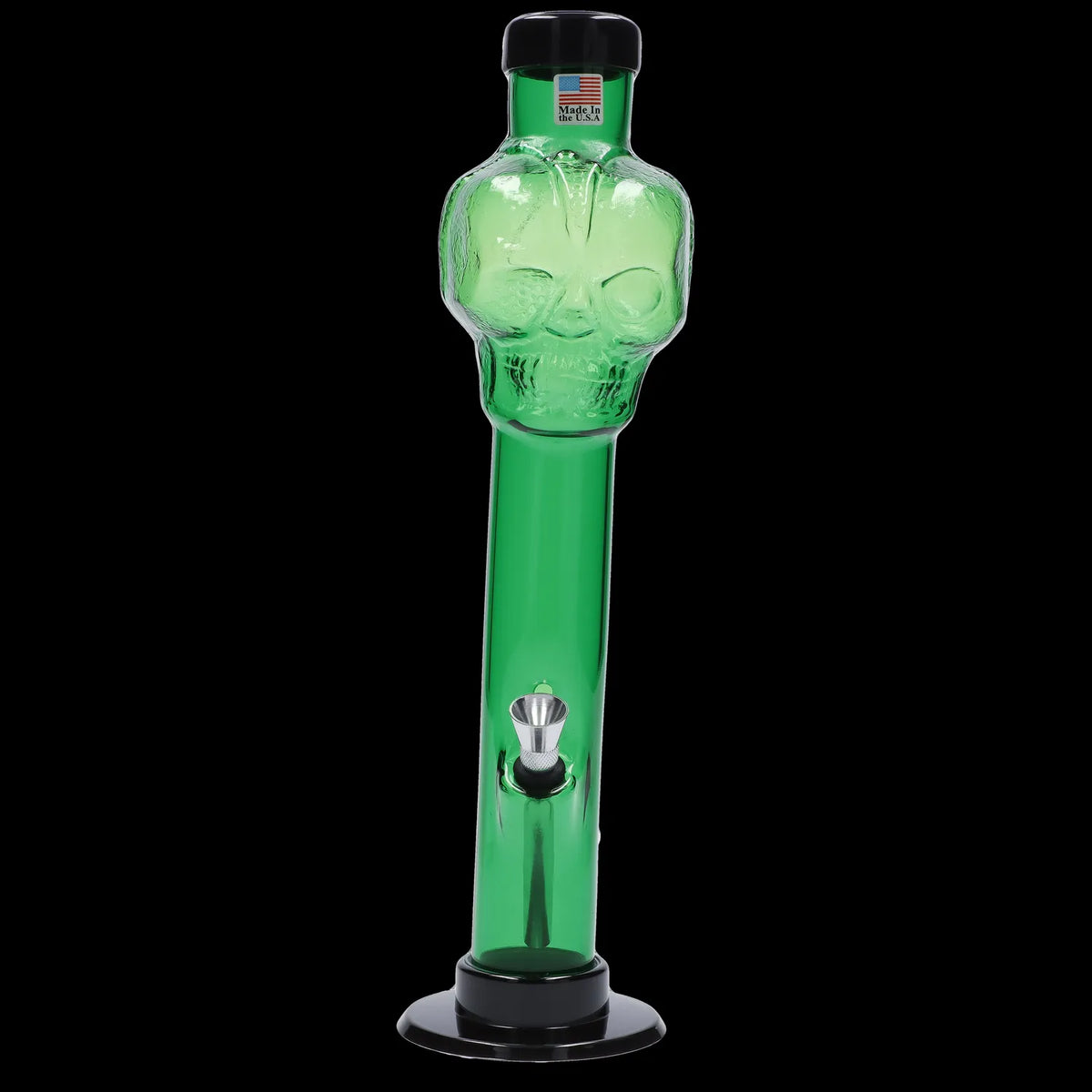 Front view of the Acrylic Bong 1.5" ACRYLICS in blue-tinted clear showing a skull-shaped top, straight green tube, metal bowl, and black base against a black background.