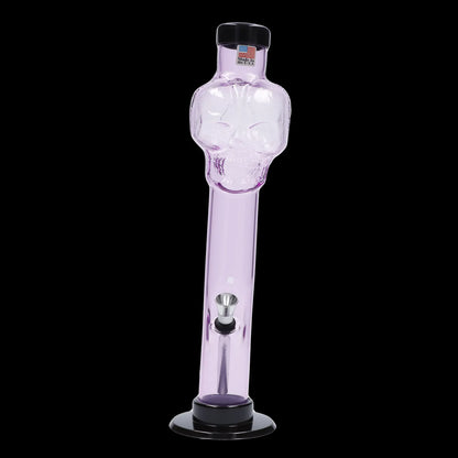 Front view of the Purple Tinted Clear Acrylic Bong 1.5" ACRYLICS showing a skull-shaped neck, metal bowl, and glossy black base against a black background