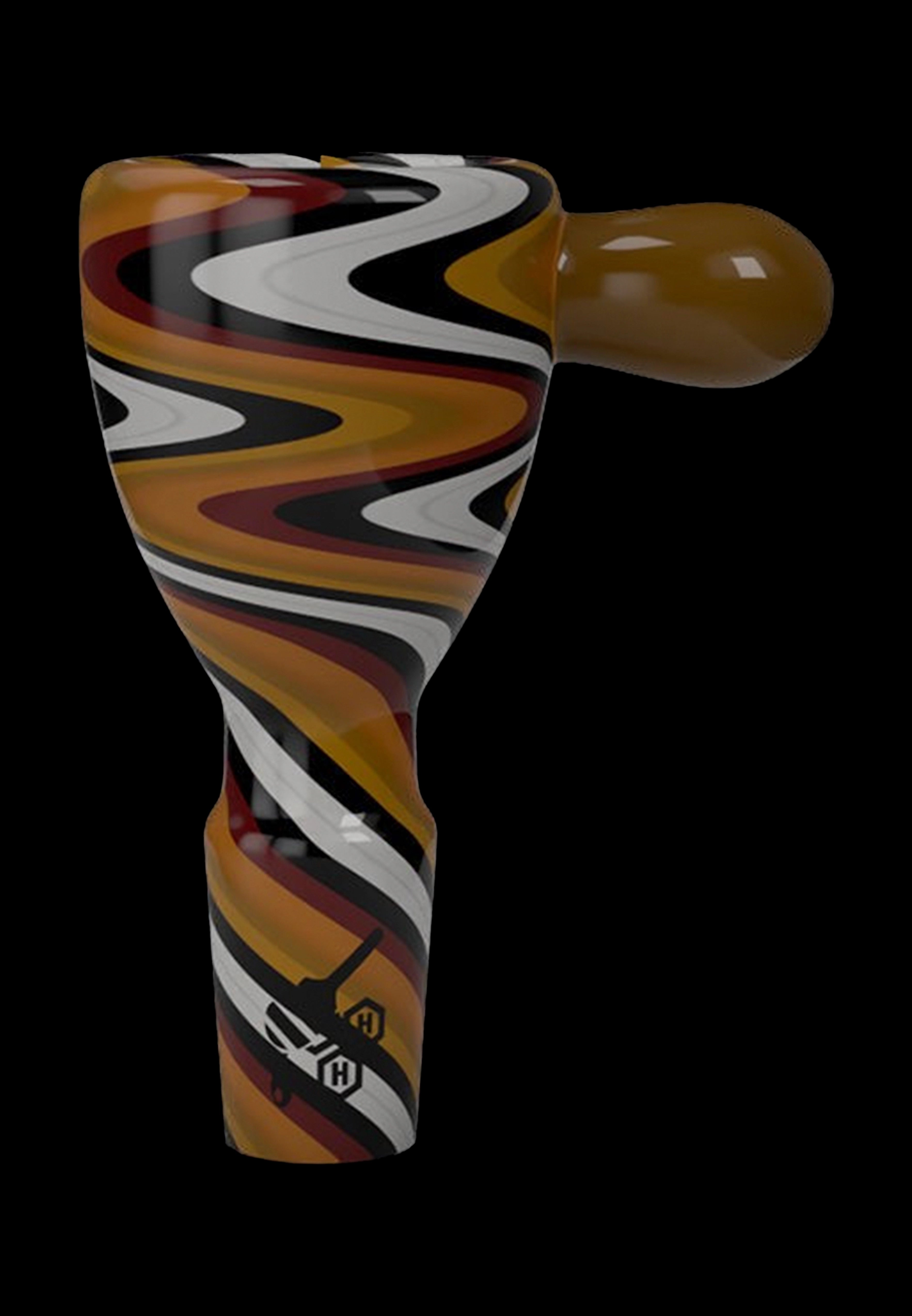 Colorful glass cannabis pipe with swirling brown, orange, and white patterns.