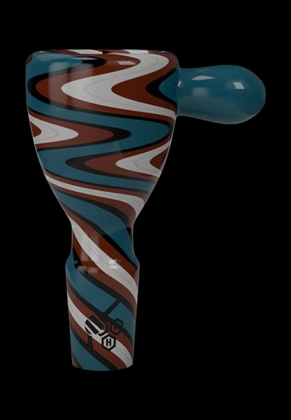 Colorful glass pipe with swirling red, white, and teal patterns.