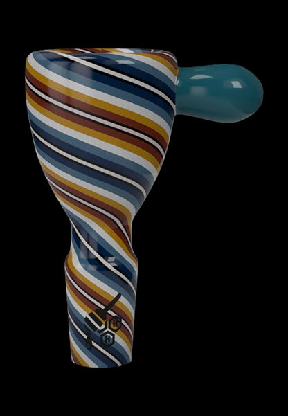 A colorful glass bubbler with striped patterns and a logo at the base.