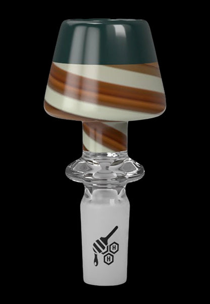 Glass cannabis bong downstem with layered green, brown, and white glasswork.