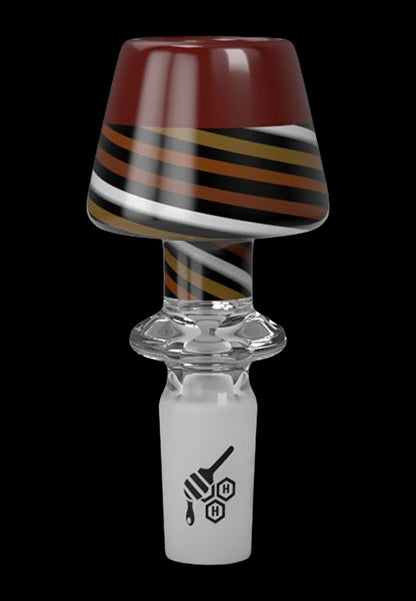 A glass cannabis bowl with a striped, mushroom-shaped top and a branded base.
