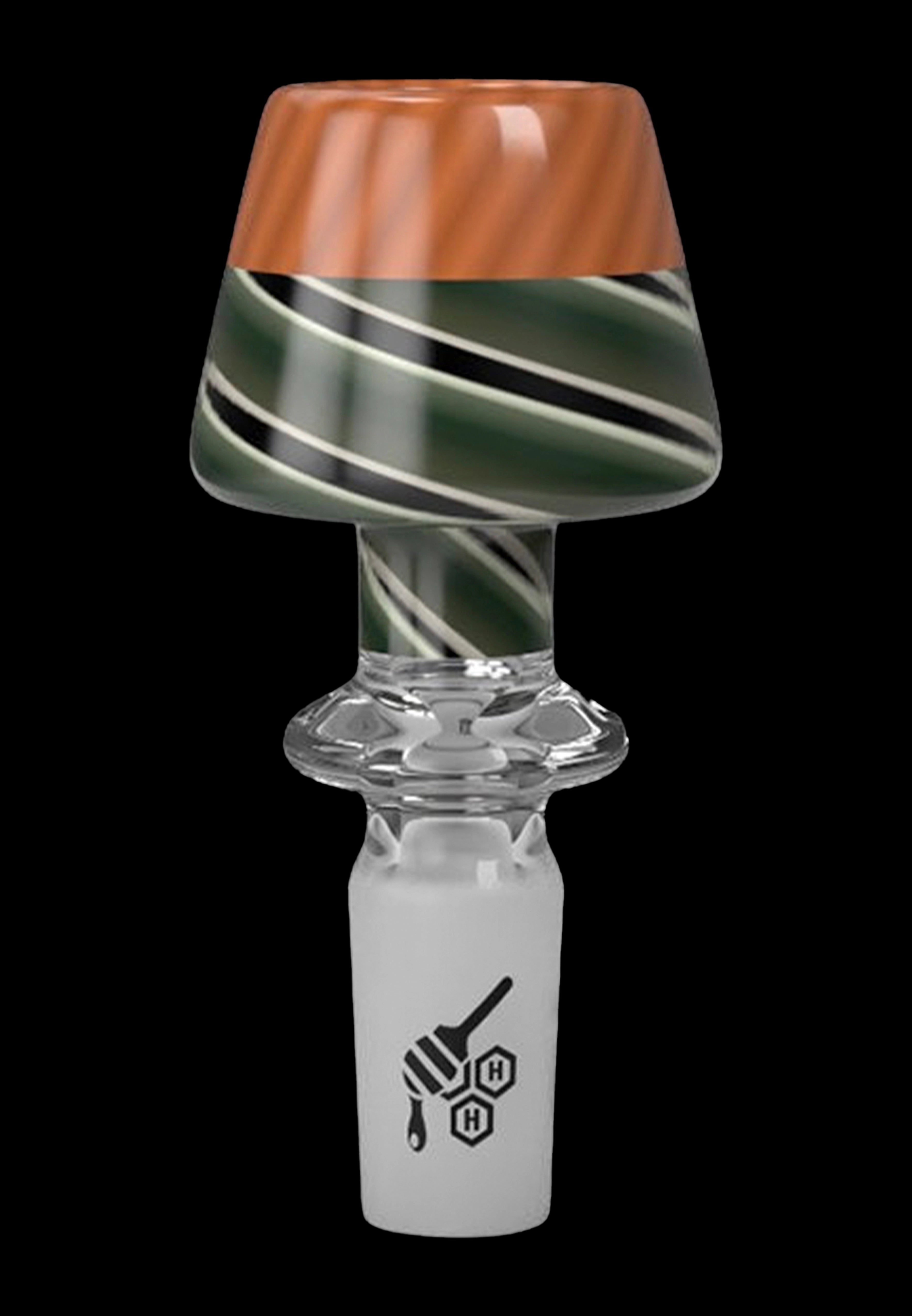 A glass cannabis bowl with a swirled green and amber design.