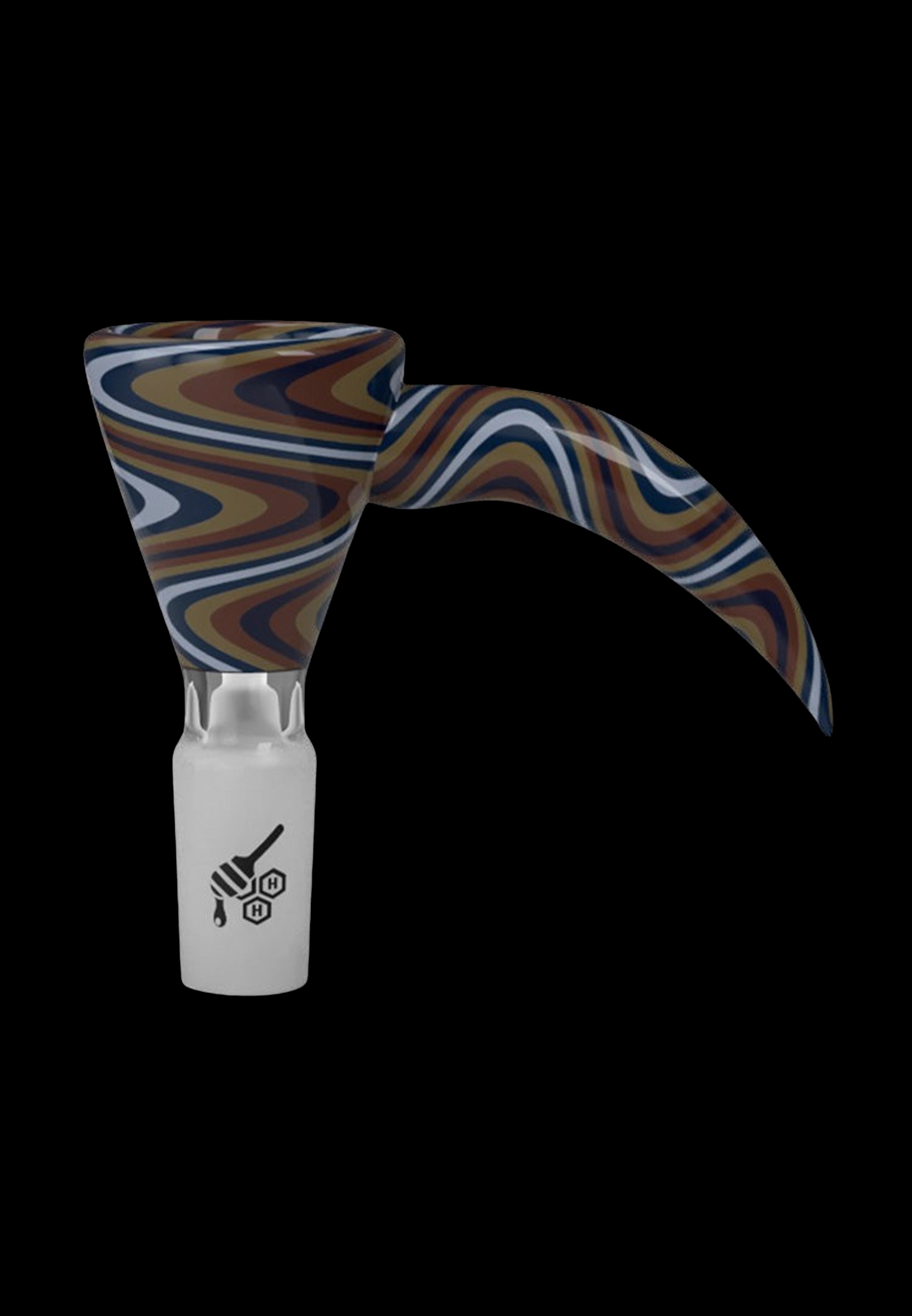 Glass cannabis pipe with swirling brown, navy, and cream patterns.
