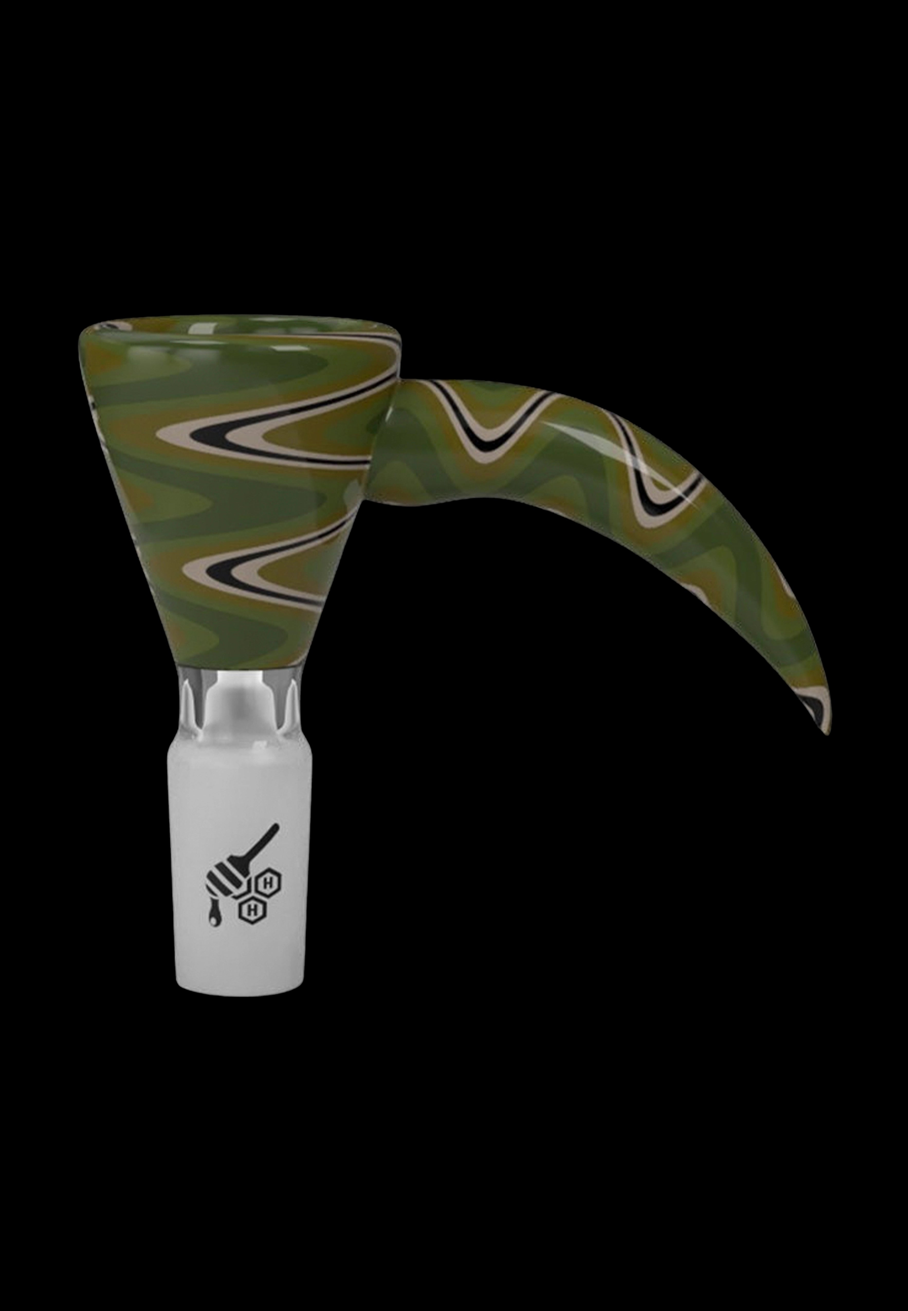 Green and white glass cannabis water pipe attachment.