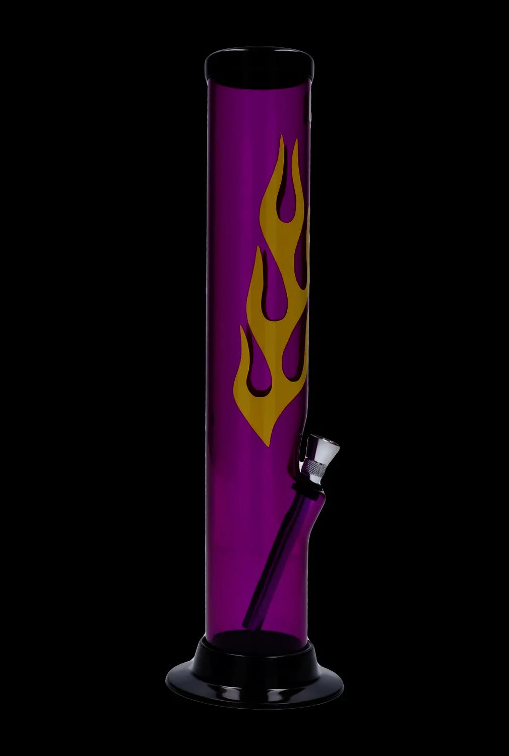 A front view of the 12-inch JM Plastics Flame Straight Tube acrylic water pipe, featuring vibrant flame graphics on purple tinted glass.