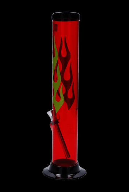 Front view of the 12-inch JM Plastics Flame Straight Tube with Carb Hole, a red acrylic water pipe with flame designs.