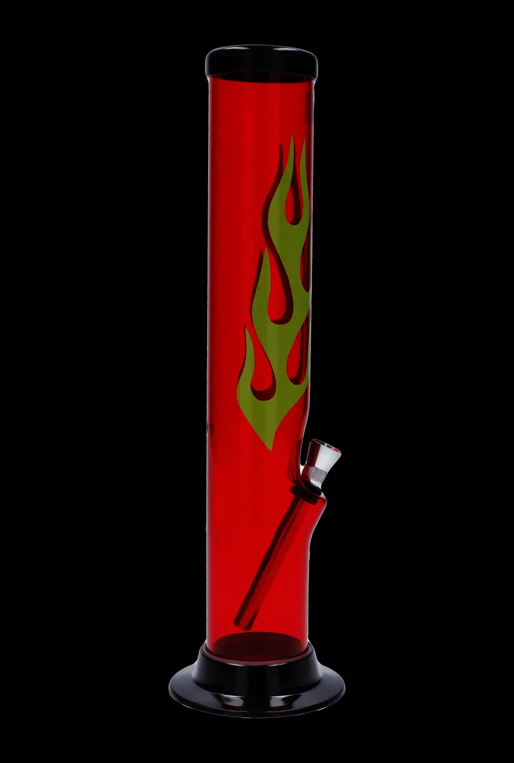 A front view of the 12-inch JM Plastics Flame Straight Tube, featuring vibrant flame decals on clear acrylic.