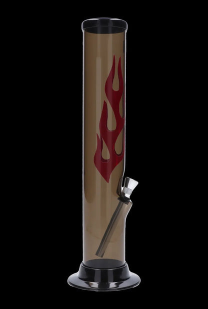 Front view of the 12-inch JM Plastics Flame Straight Tube acrylic water pipe, featuring a red flame design.