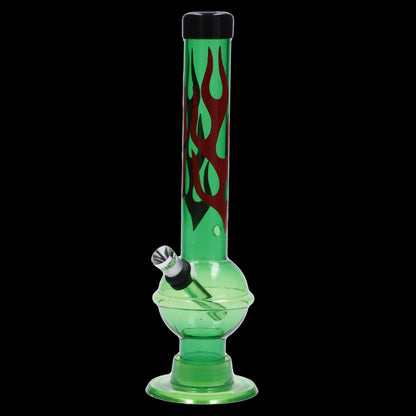 Front view of the JM Plastics Flame Bubble Base with Ring and Carb Hole Acrylic Water Pipe, showcasing its red flame design on clear acrylic.