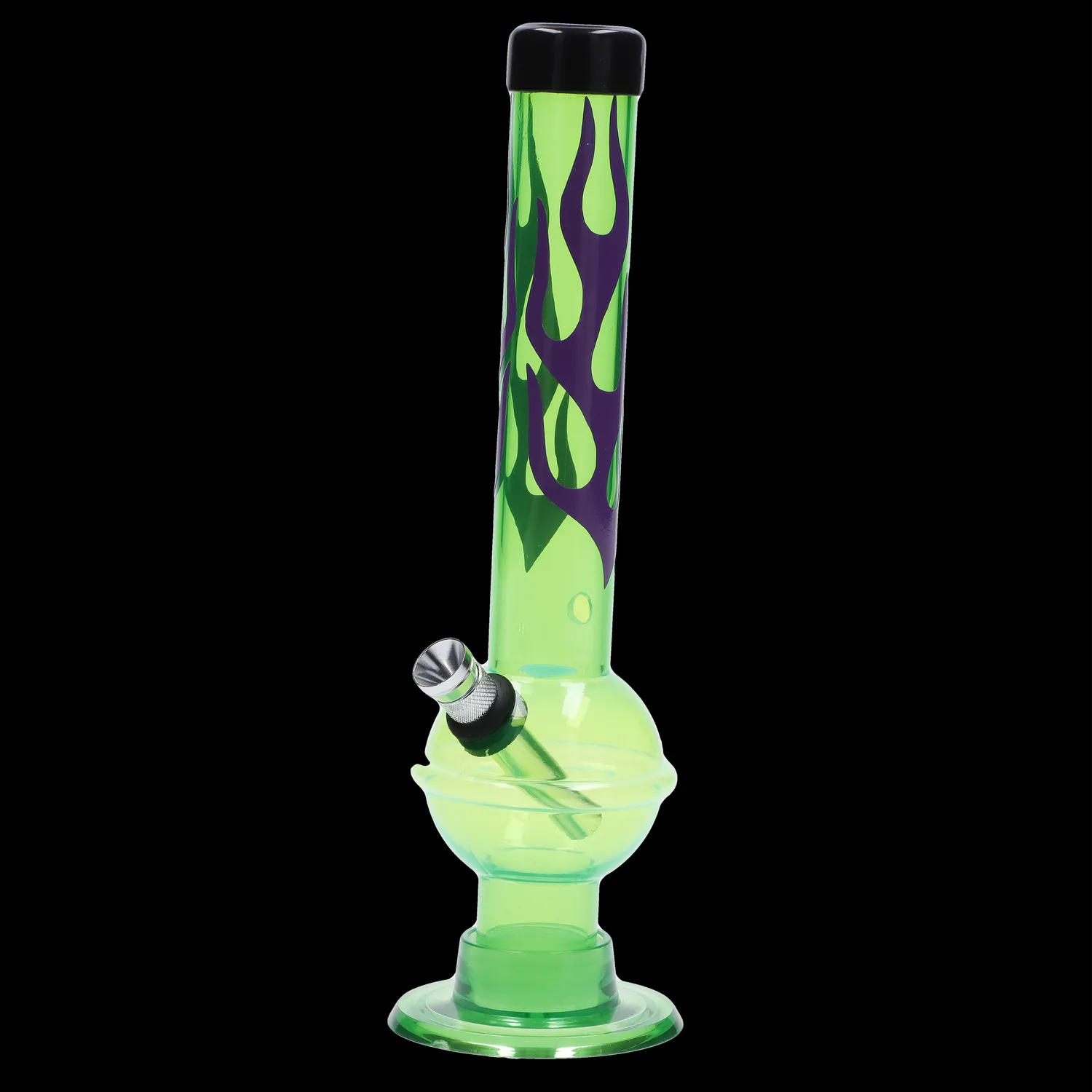 A front view of the JM Plastics Flame Bubble Base with Ring and Carb Hole Acrylic Water Pipe, displaying a vibrant, flame-patterned acrylic tube.