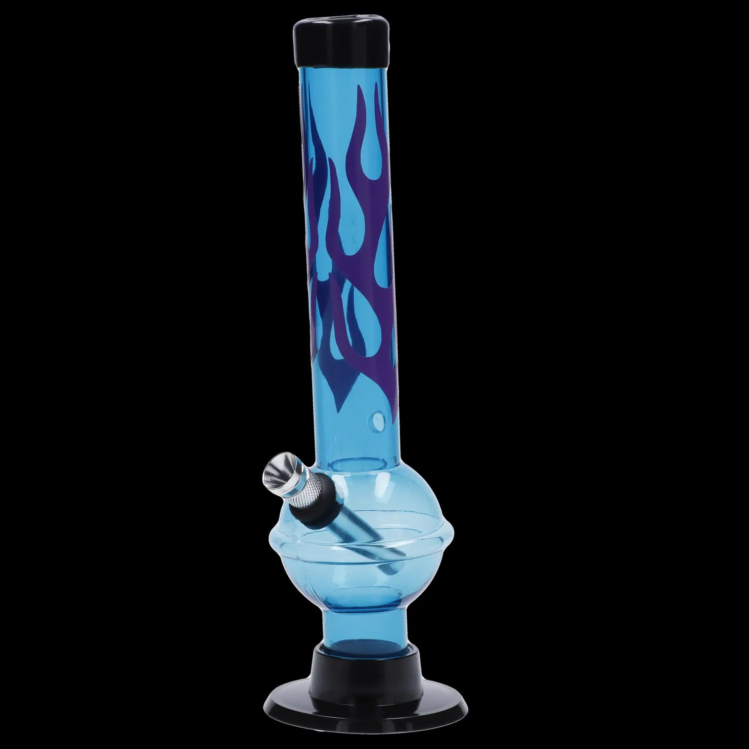 Front view of the JM Plastics Flame Bubble Base with Ring and Carb Hole Acrylic Water Pipe, displaying a vibrant flame design on a clear acrylic body.