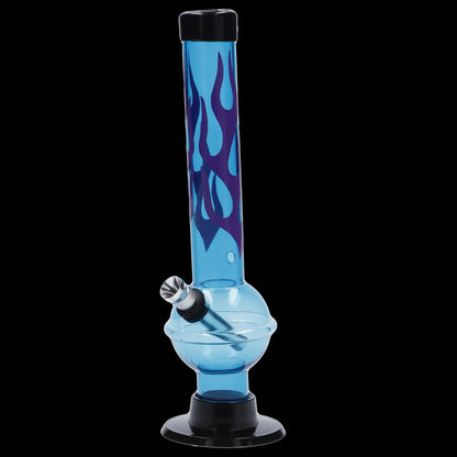 Front view of the JM Plastics Flame Bubble Base with Ring and Carb Hole Acrylic Water Pipe, displaying a vibrant flame design on a clear acrylic body.