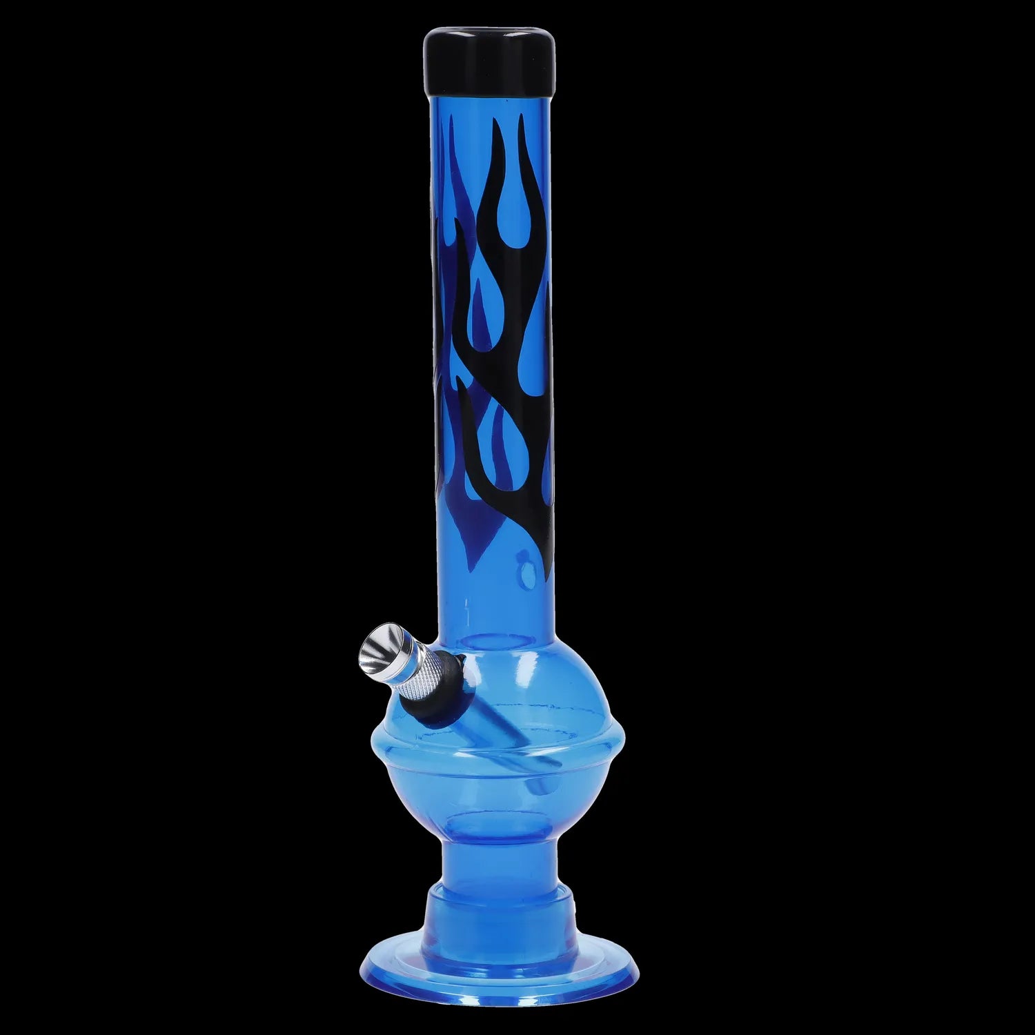 Front view of the JM Plastics Flame Bubble Base with Ring and Carb Hole Acrylic Water Pipe, showing a blue, patterned acrylic tube.