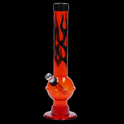 Front view of the JM Plastics Flame Bubble Base with Ring and Carb Hole Acrylic Water Pipe, showing a red, patterned acrylic tube on a black background.