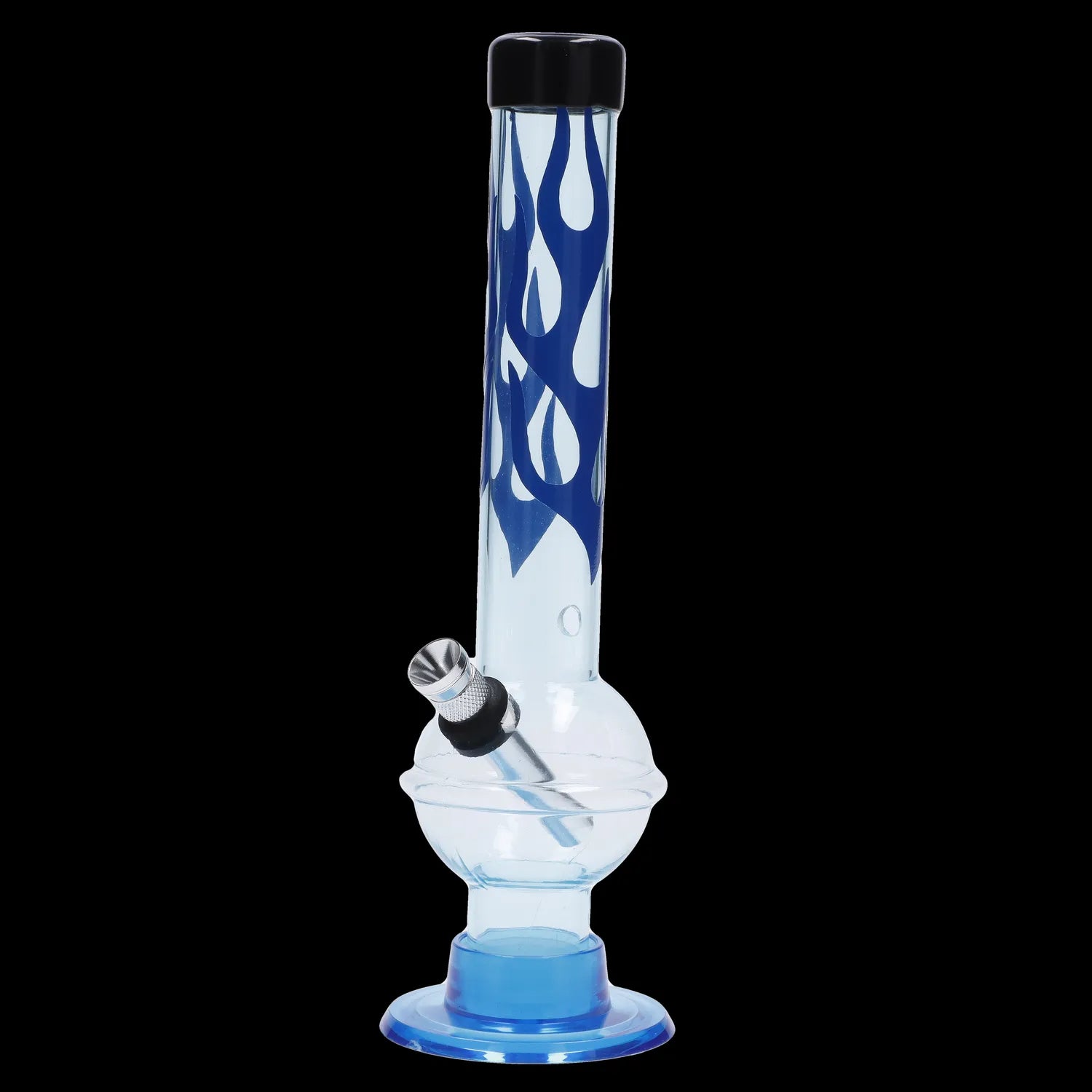 Front view of the JM Plastics Flame Bubble Base with Ring and Carb Hole Acrylic Water Pipe, displaying a vibrant flame design on clear acrylic.