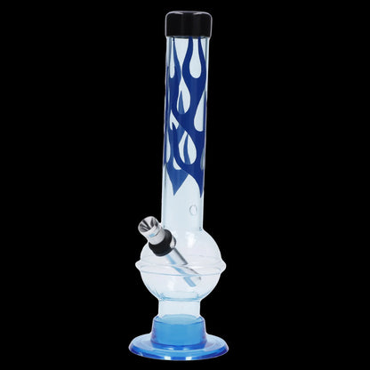 Front view of the JM Plastics Flame Bubble Base with Ring and Carb Hole Acrylic Water Pipe, displaying a vibrant flame design on clear acrylic.