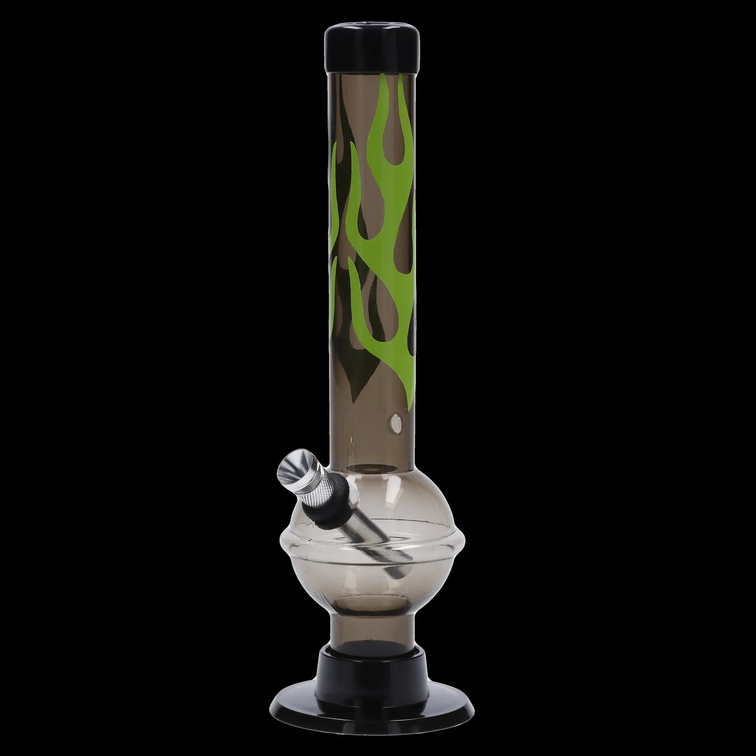 Front view of the JM Plastics Flame Bubble Base with Ring and Carb Hole Acrylic Water Pipe, showing a clear acrylic tube with flame designs.