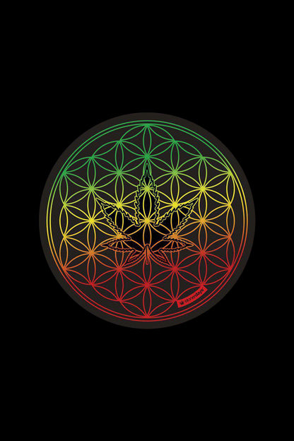 Partial top-down view of a circular StonerDays Mandala Dab Mat Combo - 4 Pack showing a rainbow flower-of-life pattern with a central cannabis leaf on black.