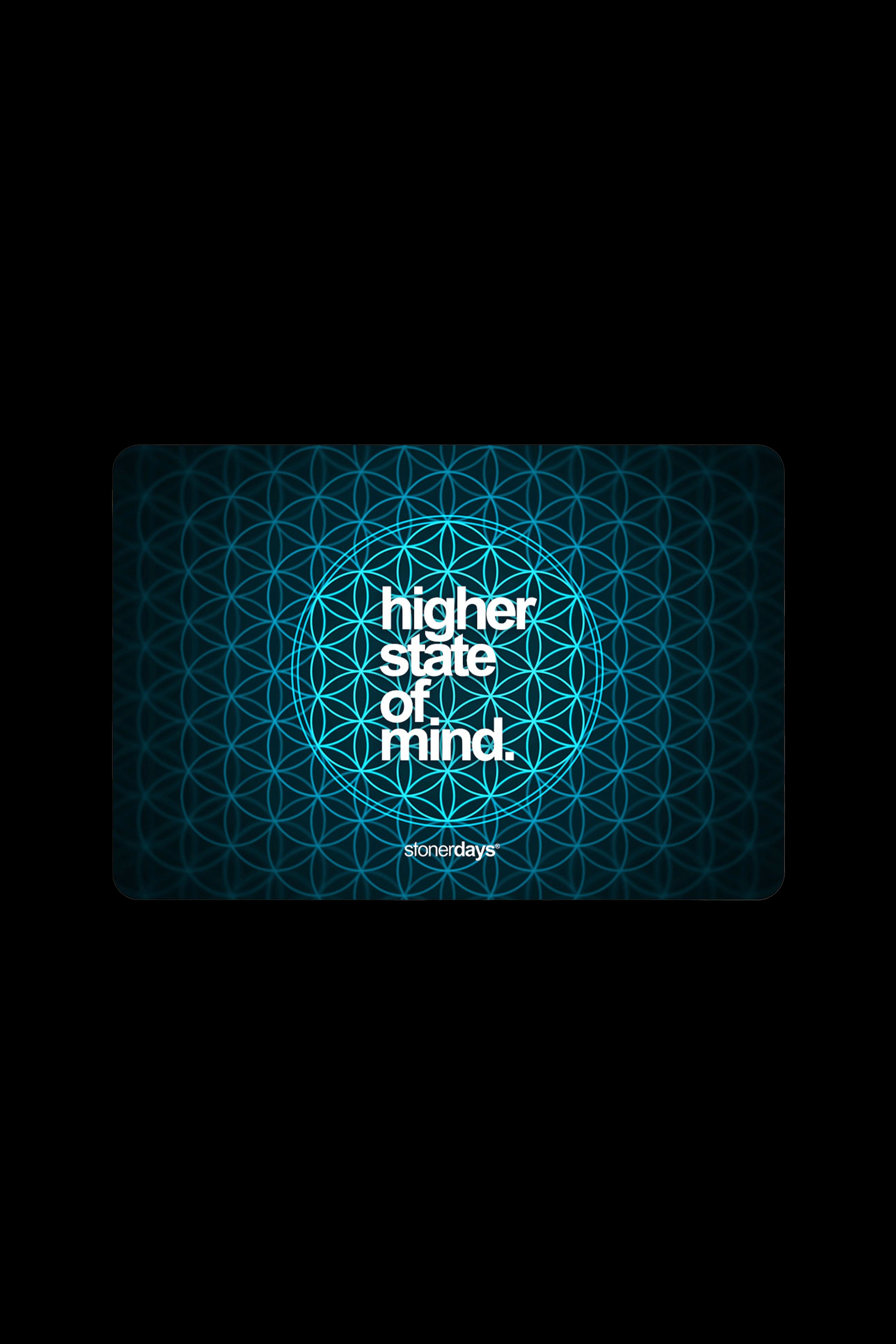 Graphic with blue floral pattern and text “higher state of mind.” with “stonerdays” logo.