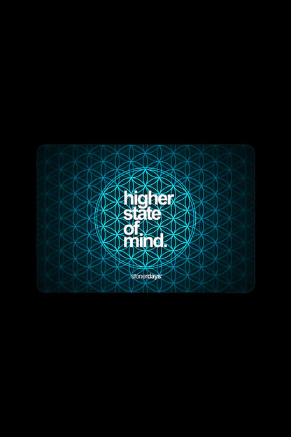 Graphic with blue floral pattern and text “higher state of mind.” with “stonerdays” logo.