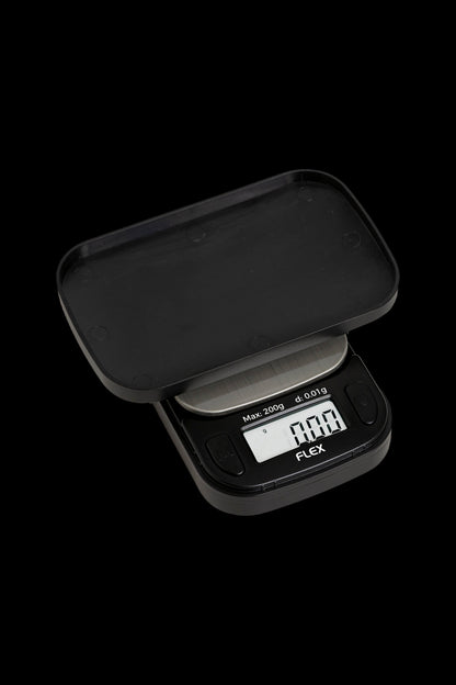 Digital scale with a black platform, displaying 0.00g, used for measuring cannabis.