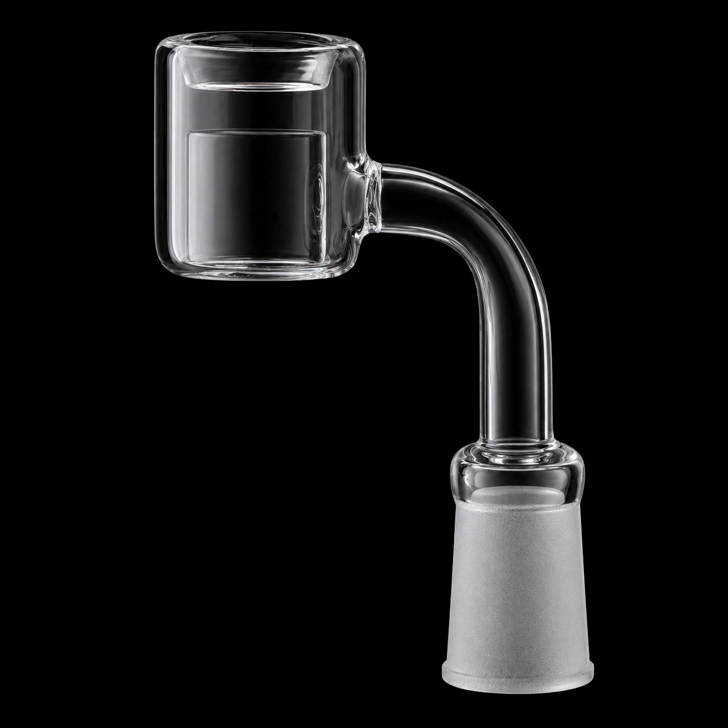 Close-up side view of the Smoke Cartel 2mm Quartz Thermal Banger - 90 degree - Female 14 mm against a black background.