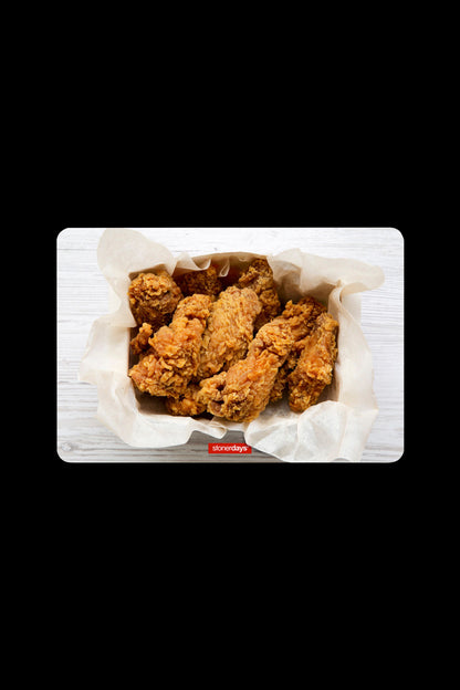 Fried chicken-shaped cannabis buds in a takeout container with “StonerDays” branding.