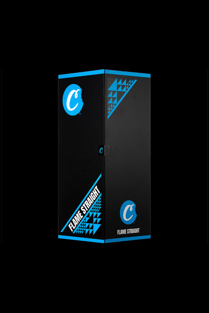 Black and blue cannabis storage box with “C” logo and “Flame Straight” branding.