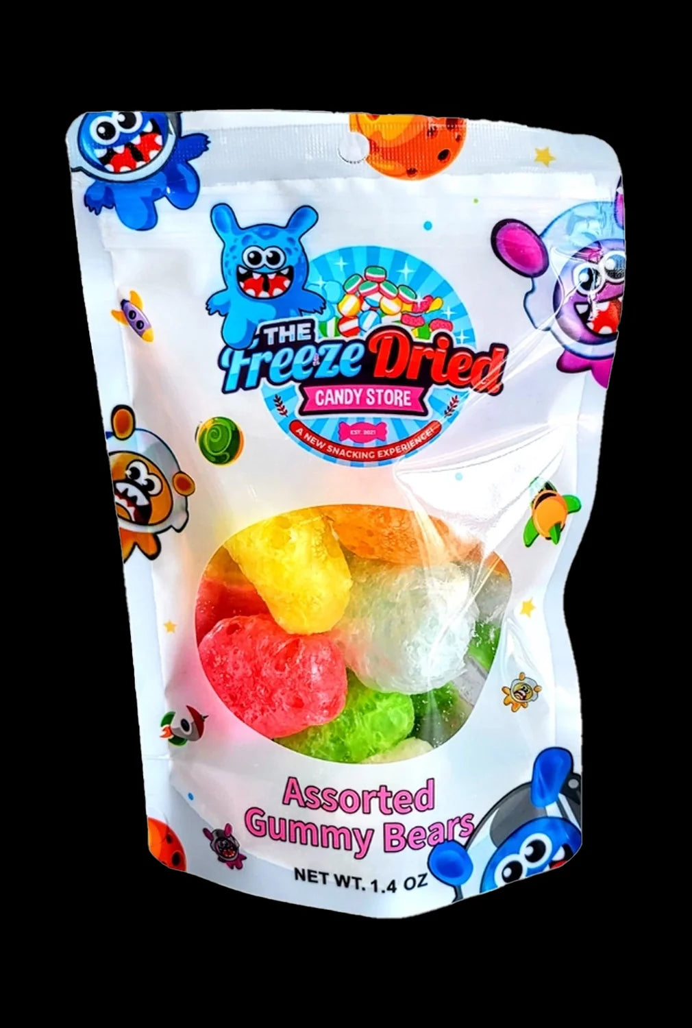 A colorful, sealed bag of "Freeze Dried" assorted gummy bears with cartoon illustrations, labeled as a new snacking experience and containing 1.4oz of product.