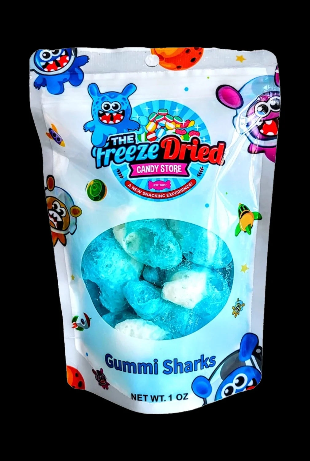 A brightly colored bag of "Freeze Dried Gummi Sharks" cannabis edibles, featuring cartoon sharks and vibrant blue gummies.