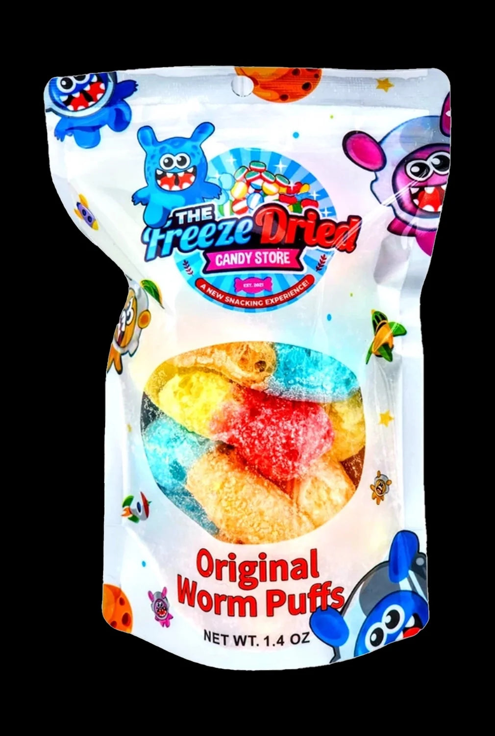 A colorful, sealed bag of “Freeze Dried Original Worm Puffs” with cartoon imagery, likely cannabis-infused edibles.