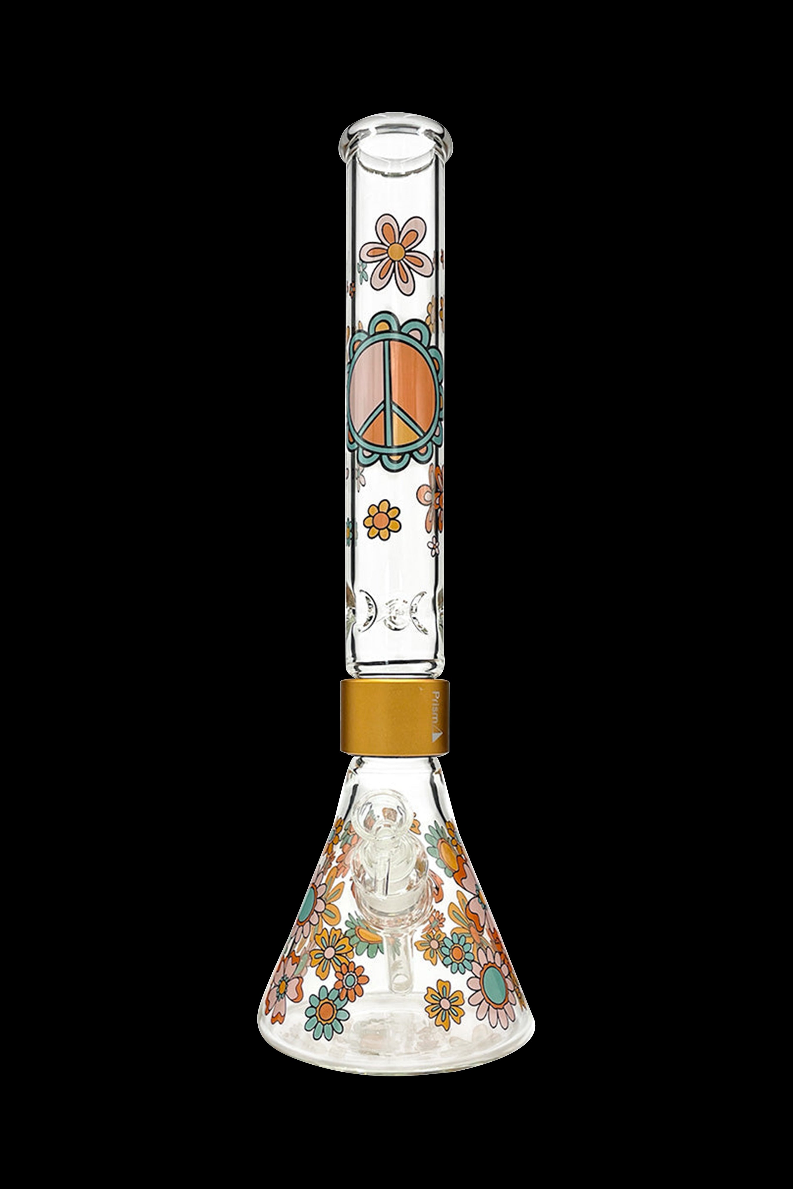 A glass bong decorated with colorful floral and peace sign designs.