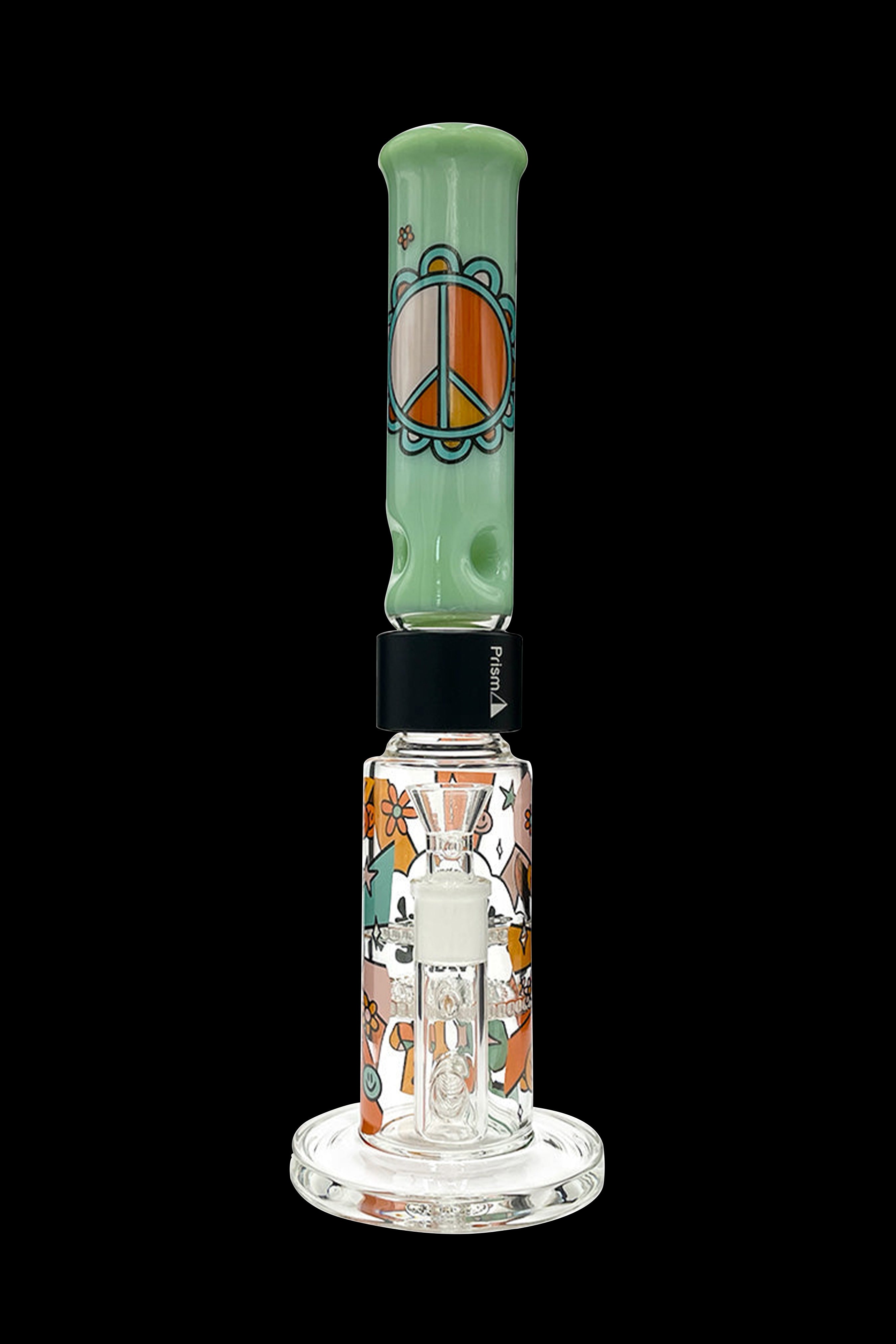 A colorful glass water pipe with a peace sign and floral design, isolated on a white background.
