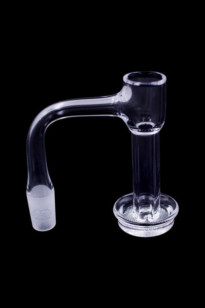 Clear glass dab rig with a bent neck and honeycomb percolator.