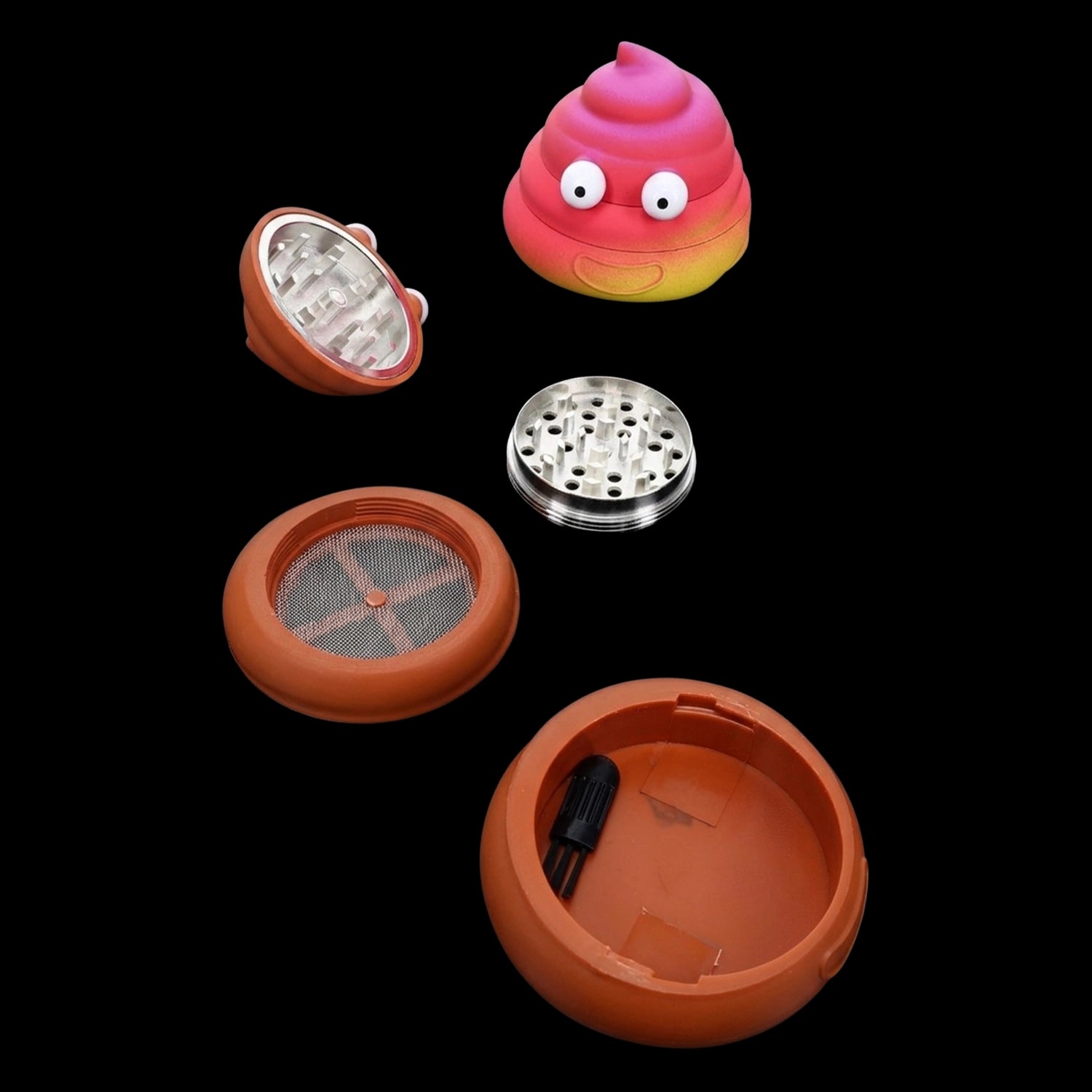 Plastic & Metal Poop Emoji Herb Grinder “Cheeky Chomp” – 1¾″ – Assorted Colors