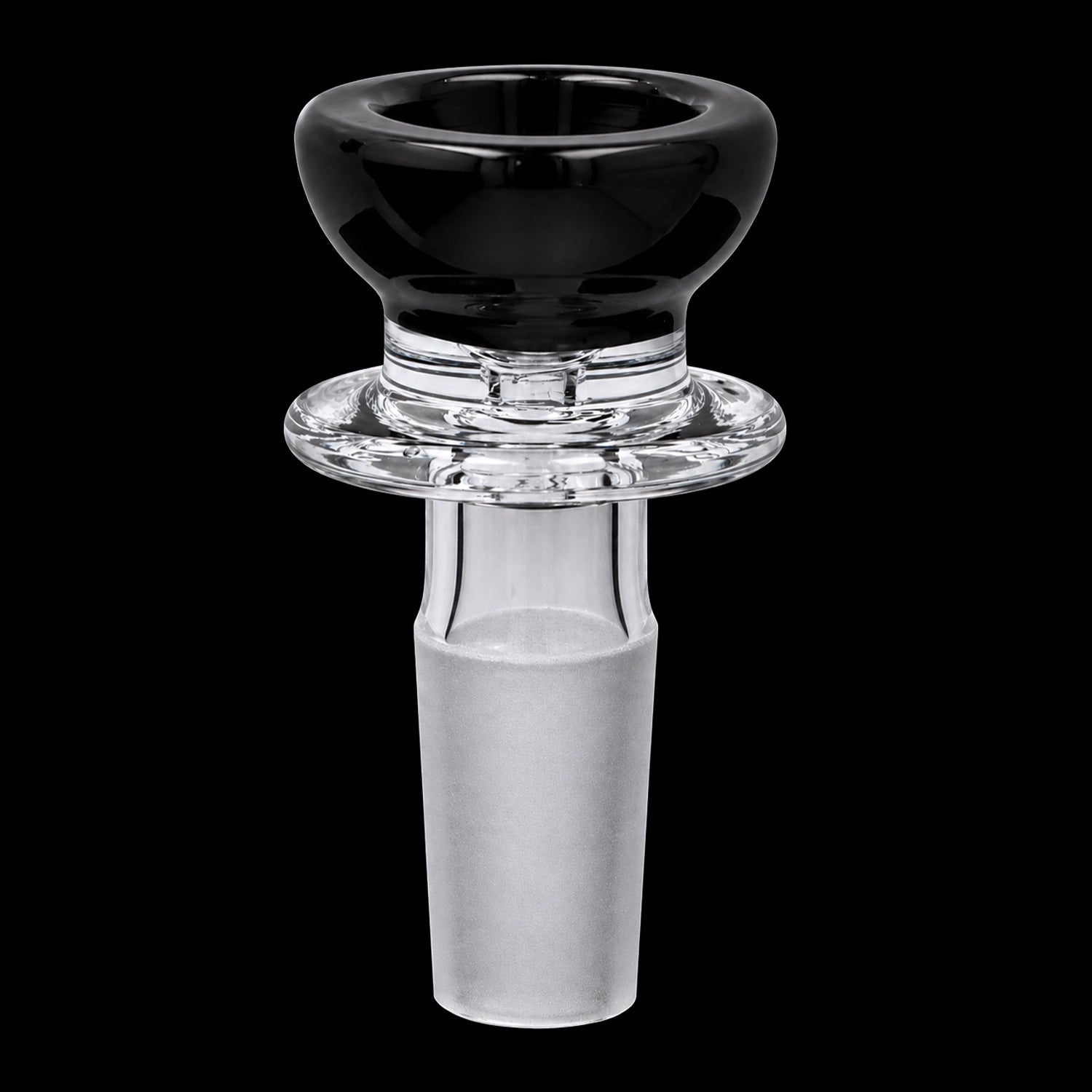 Close-up front view of the Smoke Cartel Glass Herb Bowl with Colored Top | Choice of 4 Colors | Black showing a glossy black rounded top and clear glass joint against a black background