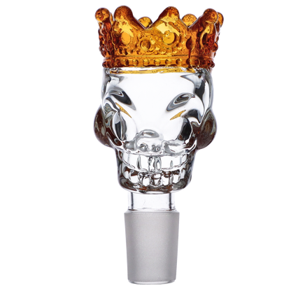 Front-facing close-up of the Glass Skull Bowl w/Crown-Yellow-Male 18mm showing a clear glass skull topped with a textured amber crown against a white background.