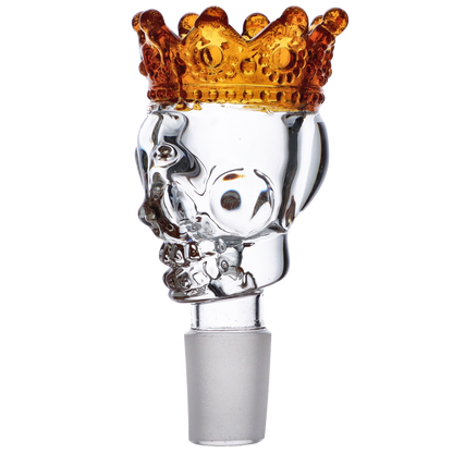 Close-up front view of the Glass Skull Bowl w/Crown-Yellow-Male 18mm showing a clear glass skull topped with a textured amber crown against a white background.