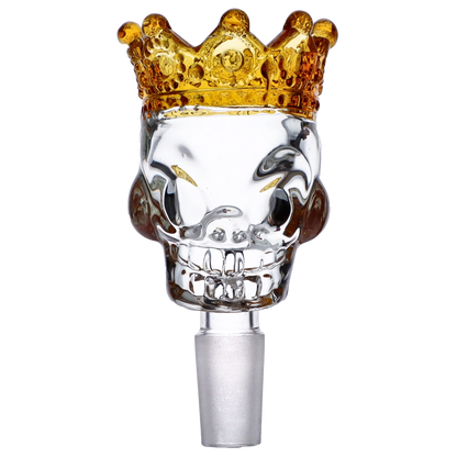 Close-up front view of the Glass Skull Bowl w/Crown-Yellow-Male 14mm showing a clear glass skull topped by a translucent yellow crown against a white background.