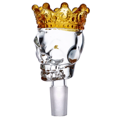 Close-up front view of the Glass Skull Bowl w/Crown-Yellow-Male 14mm showing a clear skull topped by a translucent yellow crown against a white background