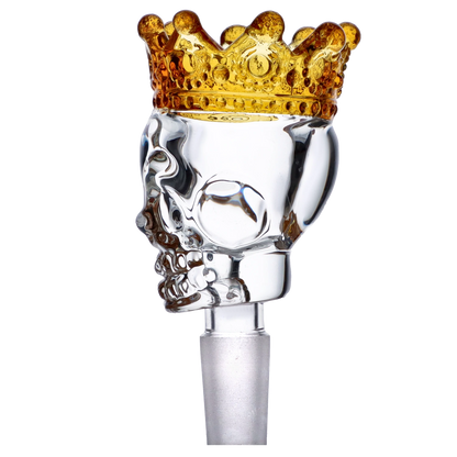 Close-up side view of the Glass Skull Bowl w/Crown-Yellow-Male 14mm showing a clear glass skull topped with a textured amber-yellow crown.