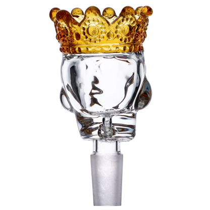 Close-up front view of the Glass Skull Bowl w/Crown-Yellow-Male 14mm showing a clear skull head topped with a textured amber-yellow crown.