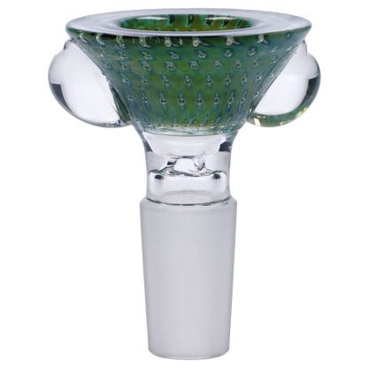 Close-up front view of the Bowl Fumed Effect Triangular-Assorted-Male 14mm showing a green fumed, triangular-patterned bowl with clear glass handles and frosted 14mm joint.