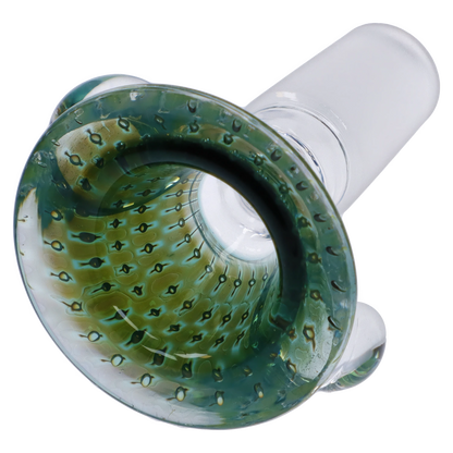 Top-down close-up of the green patterned Bowl Fumed Effect Triangular-Assorted-Male 14mm showing its dotted interior and clear stem.