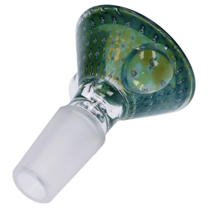 Close-up angled view of the Bowl Fumed Effect Triangular-Assorted-Male 14mm glass bowl showing its green fumed triangular head with dotted texture and frosted 14mm stem.