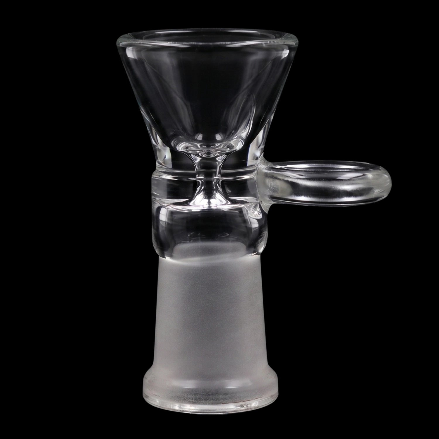 Close-up front view of the Smoke Cartel Funnel Bowl - Female 14mm showing its clear glass funnel and side handle against a black background