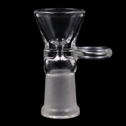 Close-up front view of the Smoke Cartel Funnel Bowl - Female 14mm showing its clear glass funnel and side handle against a black background