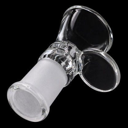 Close-up angled view of the clear Smoke Cartel Funnel Bowl - Female 14mm showing the frosted joint and twin petal-shaped glass flanges against a black background